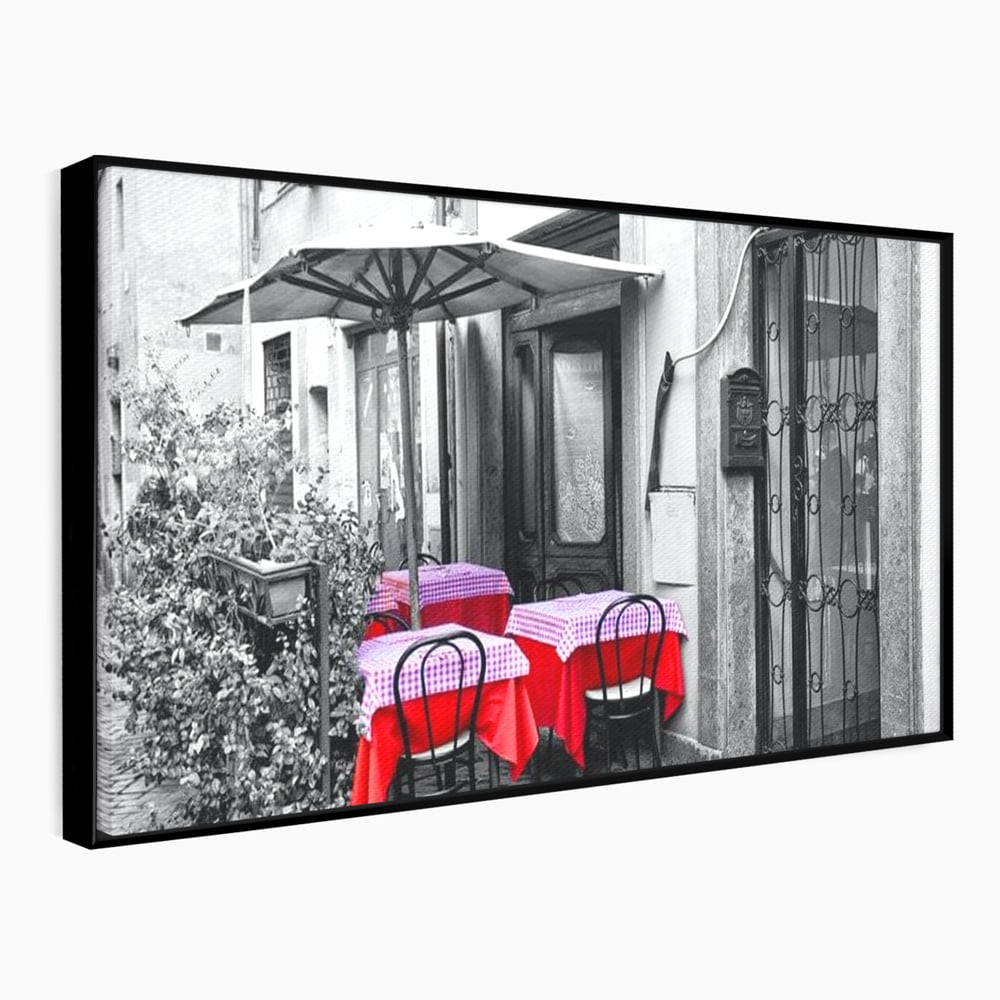 Tablou canvas cu cafenea stradala vintage alb negru cu pete de rosu, in rama de aluminiu negru